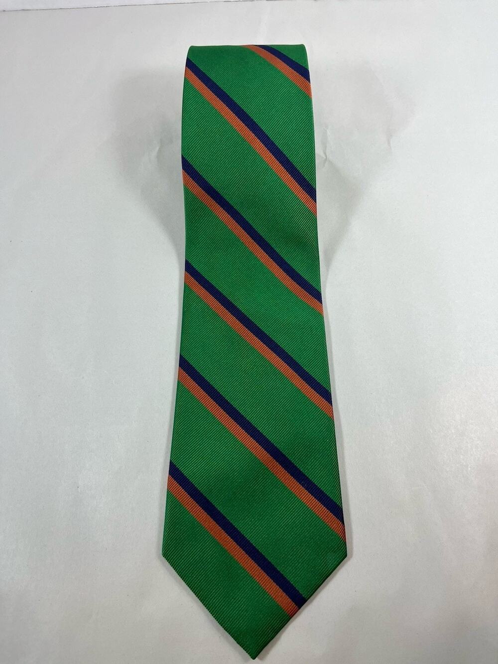 J.Crew Men's 100% Silk Repp Stripe Tie Green Navy Orange Diagonal Preppy Classic